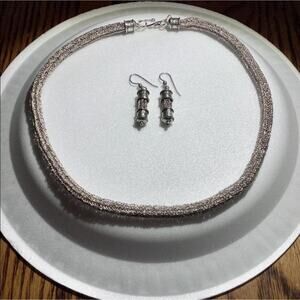 100% Silver Knitted Necklace & Earrings Set